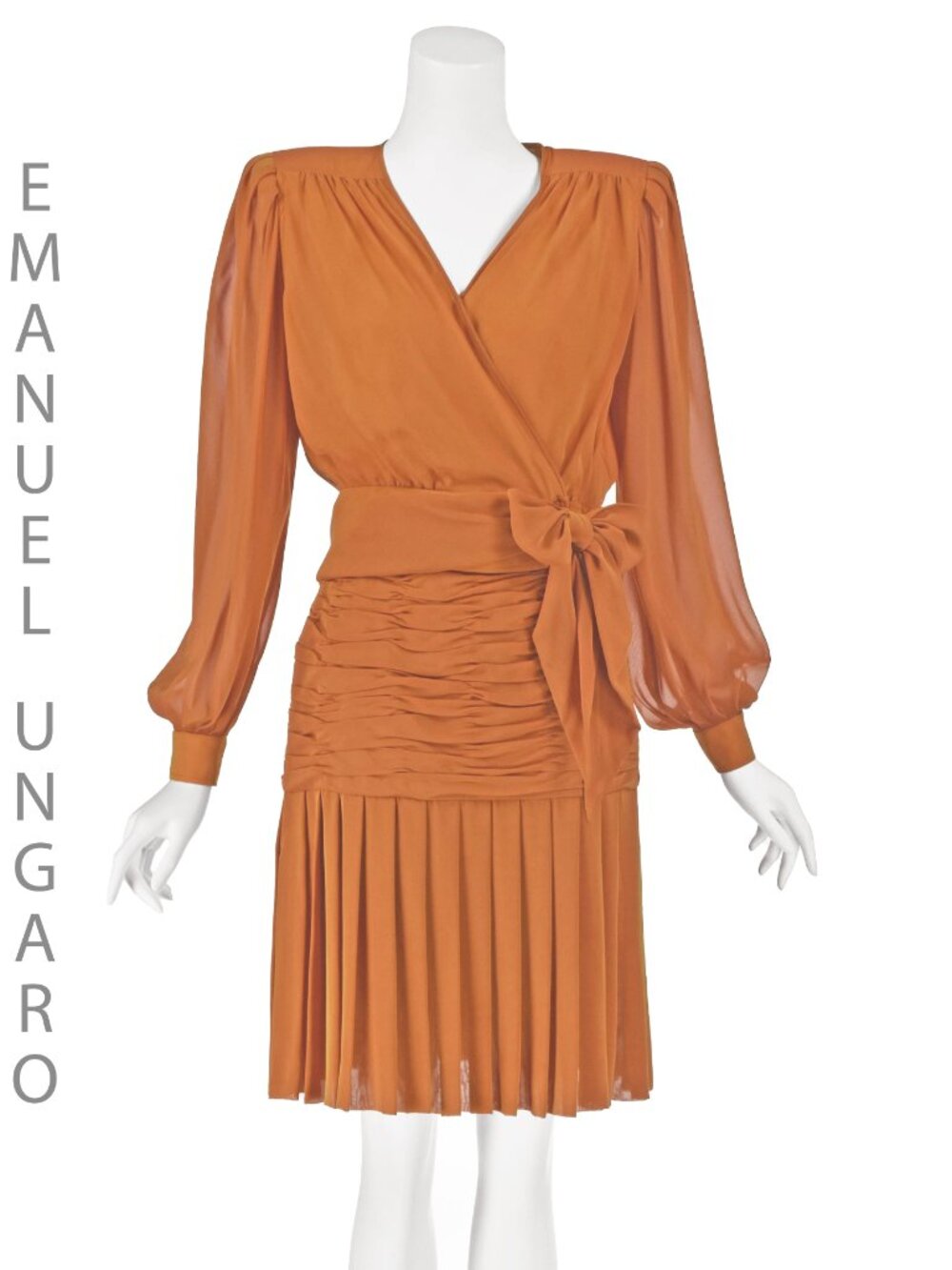 EMANUEL UNGARO PARALLÈLE c.1980-83 Iridescent Orange Silk 2-Piece Dress, SIZE 4